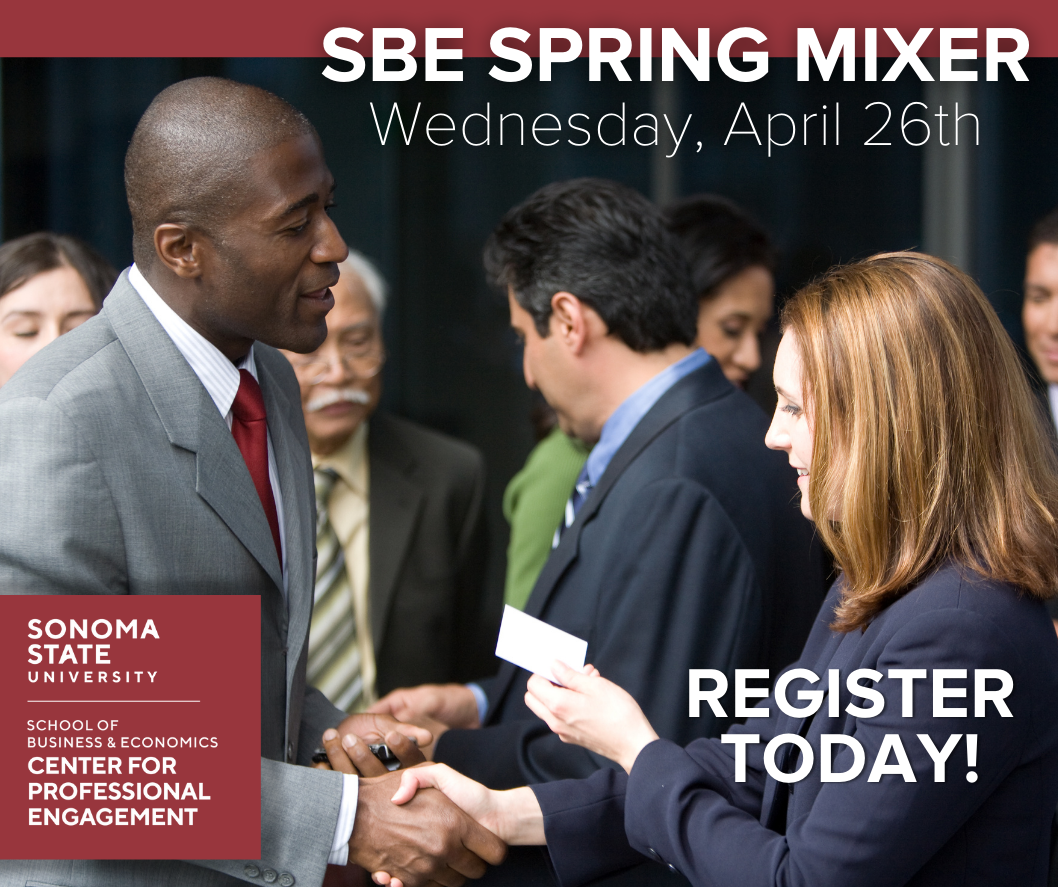 SBE Spring Mixer Event photo of student shaking hands with business professional